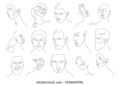 Set linear woman and man portraits