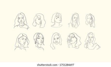 Set linear woman portraits. Continuous linear silhouette of female face. Outline hand drawn of avatars girls. Linear glamour logo in minimal style for beauty salon, makeup artist, stylist.  - Shutterstock ID 1751284697