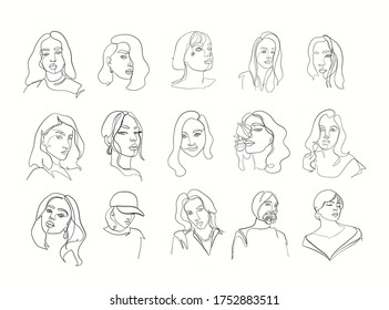 Set linear woman portraits. Continuous linear silhouette of female face. Outline hand drawn of avatars girls. Linear glamour logo in minimal style for beauty salon, makeup artist, stylist. 