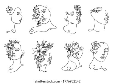 Set linear woman portraits. Continuous linear silhouette of female face. Outline hand drawn of avatars girls. Linear glamour logo in minimal style for beauty salon, makeup artist, stylist.