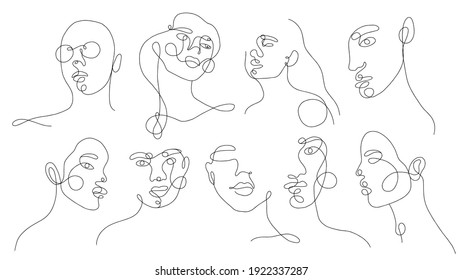 Set Linear Woman Portraits. Continuous Linear Silhouette Of Female Face. Outline Hand Drawn Of Avatars Girls. Linear Glamour Logo In Minimal Style For Beauty Salon, Makeup Artist, Stylist