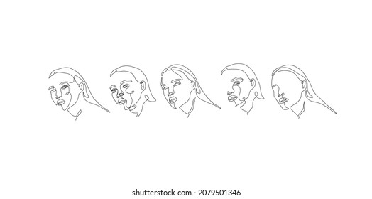 Set Of Linear Woman Portraits In One Line Continuous Style Drawing. Hand Drawn. Minimalism Faces. Beautiful Art. 