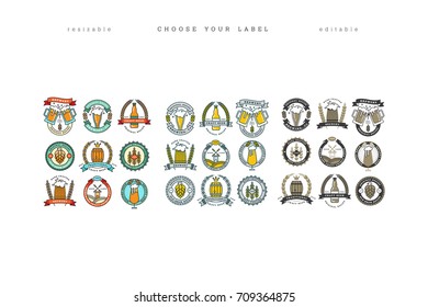 Set of linear yellow brewery logos. Labels with bottles and hops. Vintage craft beer retro design elements, emblems, symbols, and icons or pub labels, badges collection. Beer business signs template