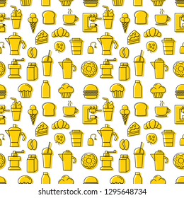 Set of linear yellow icons for coffee shop pattern seamless with White Background. Vector illustration. 
