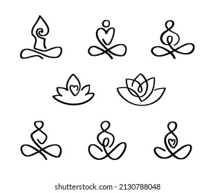 Set of linear yoga icons. Hand drawn abstract minimalist style. Continuous line art. Vector illustration isolated yoga poses and lotus symbols.