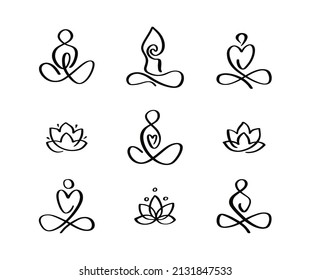 Set of linear yoga icons. Hand drawn abstract minimalist style. Continuous line art. Vector illustration isolated yoga poses and lotus symbols.