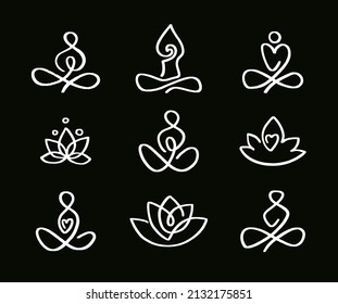 Set of linear yoga icons. Hand drawn abstract minimalist style. Continuous line art. Vector illustration isolated yoga poses and lotus symbols.