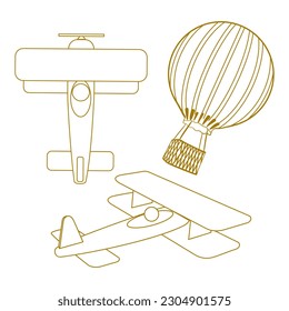 Eine Reihe von linear gezogenen Ballons, alten Flugzeugen, Transport für Reisen, Transport, Romantik