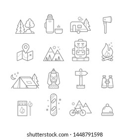 Set of line-art camping icons. Vector illustration.