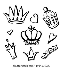 Set of lineart crowns wiht hearts. For banner, postcard, notebook. White background and transparent objects. Vector EPS10