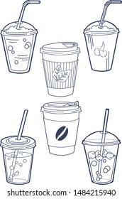 Set of line-art drawing different types of drinks.  Isolated vector illustration of lemonade, soda, fruit cocktail, milkshake, smoothie. Icon on white background