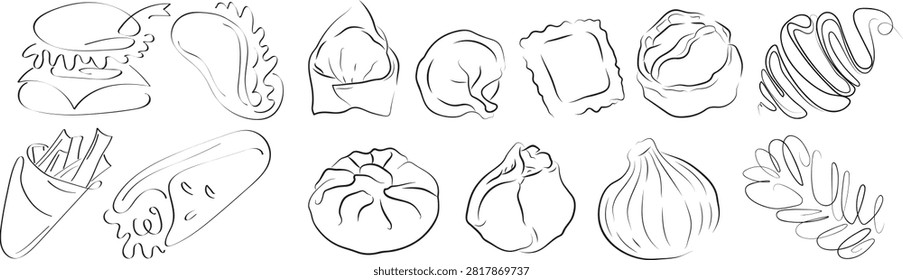 set of line-art icons featuring various fast food, baked goods, and ravioli of different sizes and shapes, suitable for logos, stickers, advertising, or print materials