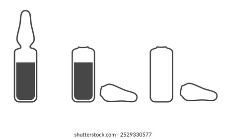 Set of lineart medical ampoule icons, close and open with liquid for injection