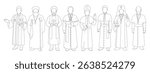 Set lineart religion people. Various cartoon character christian priest, patriarchs, pastor, clergyman. Bundle illustrations who believe Christ. Design for faith, belief, confession and churchman.
