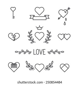 Set of lined hearts in tattoo style, vector