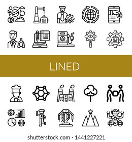 Set of lined icons such as Global, Manager, Robot, Typing, Gas station, Process, Payment, Cooker, Management, Molecular, Country, Factory, Robotics, Textile, Strategy , lined