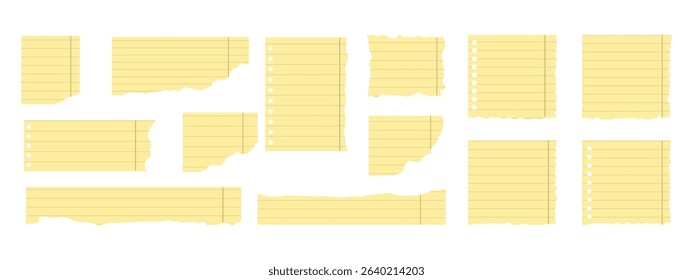 Set of lined legal pad torn notebook yellow paper sheets with rough edges and punch holes, blank and isolated on grey background. School or office note paper. Vector illustration in flat style. 
