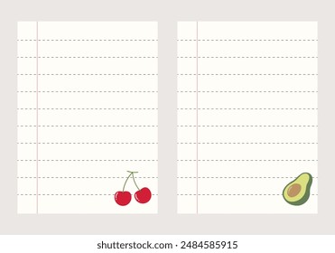 Set of lined note paper with cherry and avocado decoration