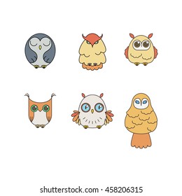 Set of lined owl logos and emblems. Vector illustration collection in line style. Furry birds.