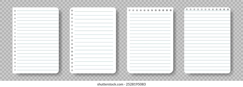 Set of Lined Paper sheets from notepad. School sheet with lines. Realistic White sheet for notes. Notebook page for education. Blank notepaper with shadow isolated on transparent background