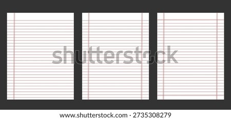 Set of Lined Paper Templates with Red Margins for Notebook or Planner