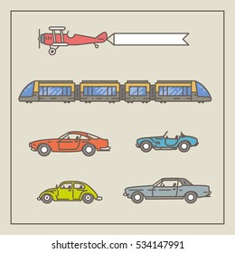 Set of lined retro and modern transport.
