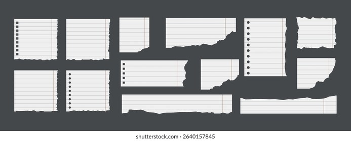 Set of lined torn notebook paper sheets with rough edges and punch holes, blank and isolated on grey background. School or office note paper. Vector illustration in flat style. 