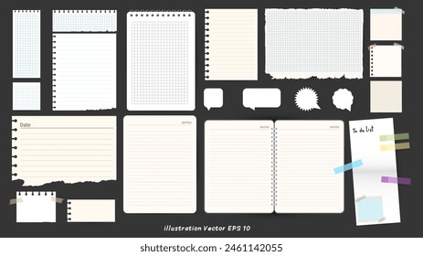 Set aus gefüttertem Weiß, mit Klebeband auf schwarzem Hintergrund geklebte Notizbuchpapierstücke, Büronotiz oder Informationstafel mit Terminen, Vektorillustration EPS 10