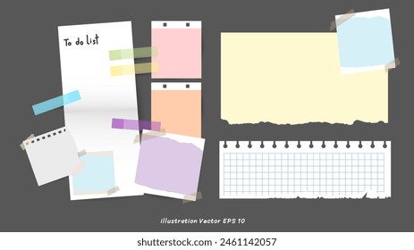 Set aus gefüttertem Weiß, mit Klebeband auf schwarzem Hintergrund geklebte Notizbuchpapierstücke, Büronotiz oder Informationstafel mit Terminen, Vektorillustration EPS 10