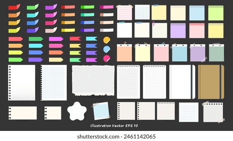 Set aus gefüttertem Weiß, mit Klebeband auf schwarzem Hintergrund geklebte Notizbuchpapierstücke, Büronotiz oder Informationstafel mit Terminen, Vektorillustration EPS 10