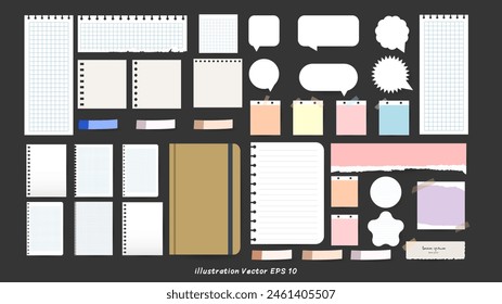 Conjunto de piezas de papel blanco forrado, cuaderno pegado con cinta adhesiva sobre fondo negro, aviso de oficina o tablero de información con citas, Ilustración vectorial EPS 10