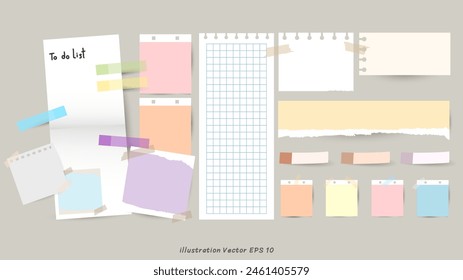 Set aus gefüttertem Weiß, mit Klebeband auf grauem Hintergrund geklebte Notizbuchpapierstücke, Büro- oder Informationstafel mit Terminen, Vektorillustration EPS 10