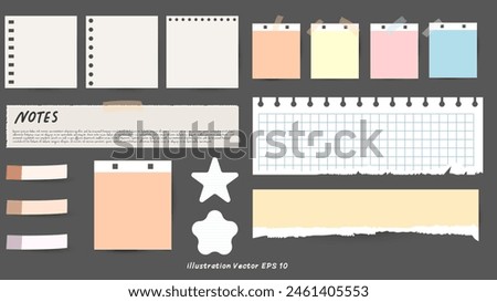 Set of lined white, notebook paper pieces stuck with sticky tape on black background, office notice or information board with appointments, Vector illustration EPS 10