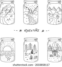 Set of line-drawing travel and adventures in jars 