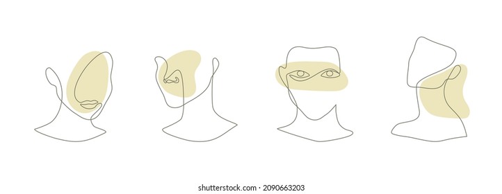 Un conjunto de caras trazadas con líneas y formas abstractas. Los íconos minimalistas son geniales para la cirugía plástica.