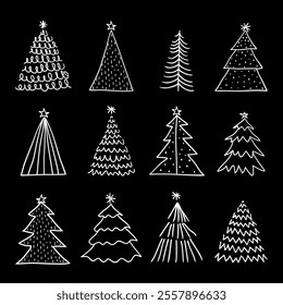Set of linen christmas tree hand drawn doodle vector illustration.