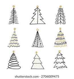 Set of linen Christmas tree hand drawn doodle vector illustration.