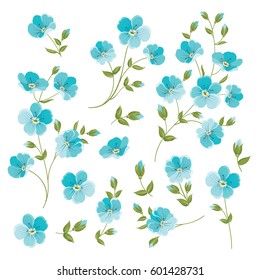 Set of Linen flowers elements. Collection of flower elements isolated on white background. Elegant spring flowers bundle. Vector illustration.