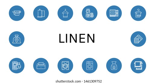 Set of linen icons such as Towel, Paper towel, Money bag, Napkin, Tissue, Washing machine, Towels , linen
