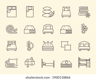 Set of linens black and white icons. Contains multilayer mattress, blanket, pillows, single and double bed, bunk bed, weather conditions and other symbols, signs and icons. Outline vector illustration