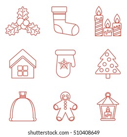 Set of lines christmas icons isolated on a white background. Flat vector cartoon christmas icons illustration.