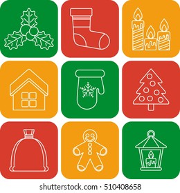 Set of lines christmas icons on the colored square plates. Flat vector cartoon christmas icons illustration. Objects isolated on background.