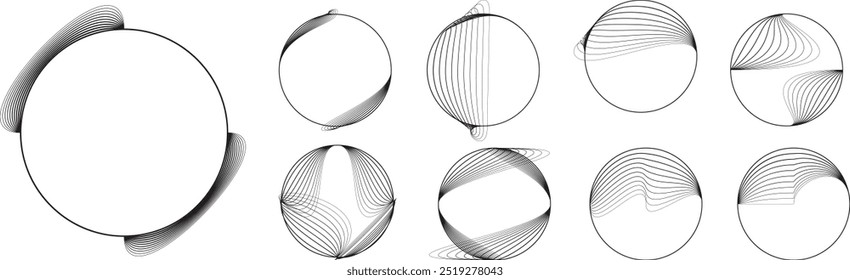 Conjunto de líneas en forma de círculo. Elementos redondeados hechos con líneas. colección de Vector. Muchas circunferencias forman un anillo. Elemento de diseño . Diversas líneas circulares que forman marcos redondos. Conjunto de arte de línea de Vector .