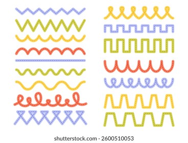 Set of lines of different shapes for tracing, writing practice, teaching writing, handwriting. Dotted multi-colored lines on a white background, wavy, zigzag. Preschool children training, for printing