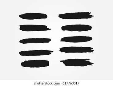 Set of lines drawn by brush strokes. Ten isolated black smears. Grunge. Vector illustration.