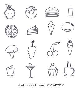 Set lines food icons in flat design, eat, healthy and unhealthy, vegetables, fruit, fast food, vector.