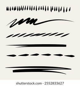 Set of lines, hand drawn, brush strokes. Grunge borders, lines, dots, waves, zig zag lines.