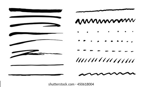 Set of lines, hand drawn, brush strokes. Grunge borders, lines, dots, waves, zig zag lines.