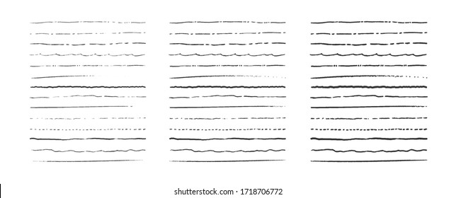 Набор линий, нарисованные вручную разделители, каракули, полосы кисти разной толщины. Векторная рамка и элемент границы.