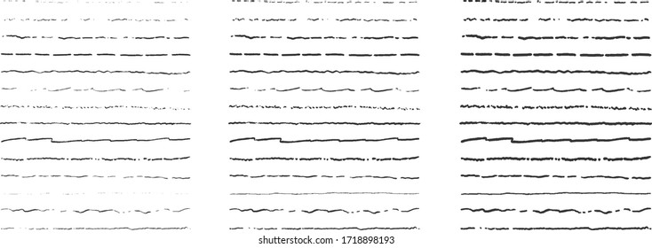 Set Of Lines, Hand Drawn Dividers, Doodle Underlines, Different Thickness Brush Stripes. Vector Frame And Border Element.